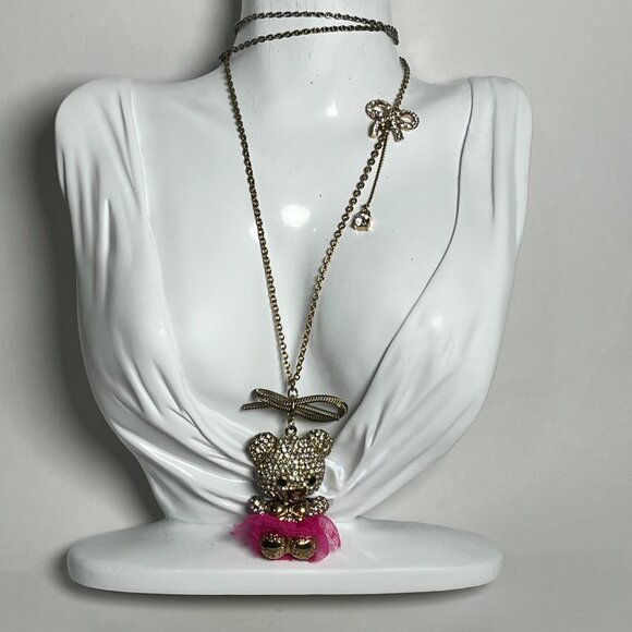 Betsey Johnson Crystal Teddy Bear ballerina gold magenta Pendant Necklace 28" - Picture 2 of 7